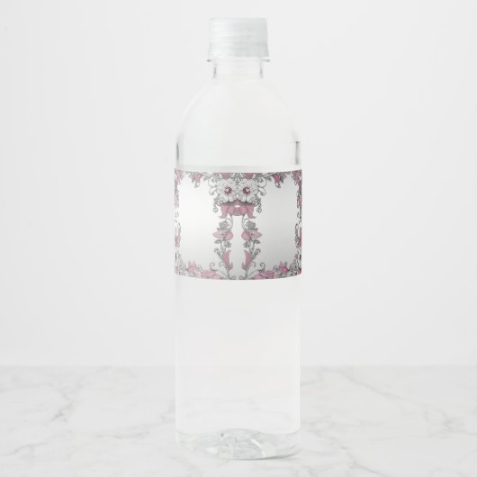Roze Zilver Wit Bloemen Water Fles Label Waterfles Etiket (Voorkant)