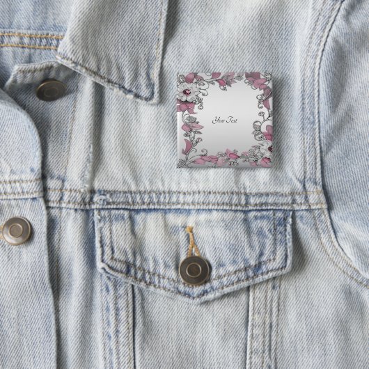 Roze Zilver Witte Bloem Knop Vierkante Button 5,1 Cm (In situ)