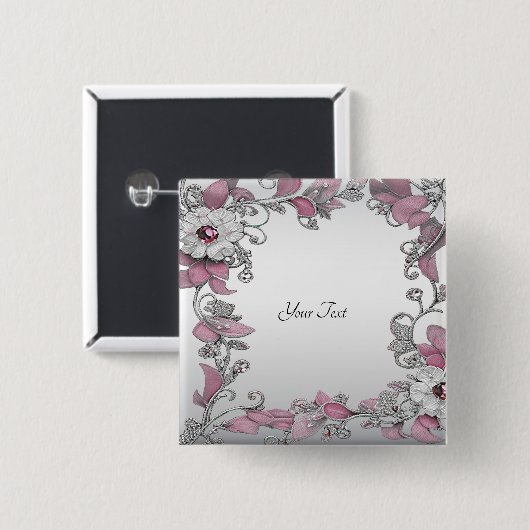Roze Zilver Witte Bloem Knop Vierkante Button 5,1 Cm (Voorkant /achterkant)