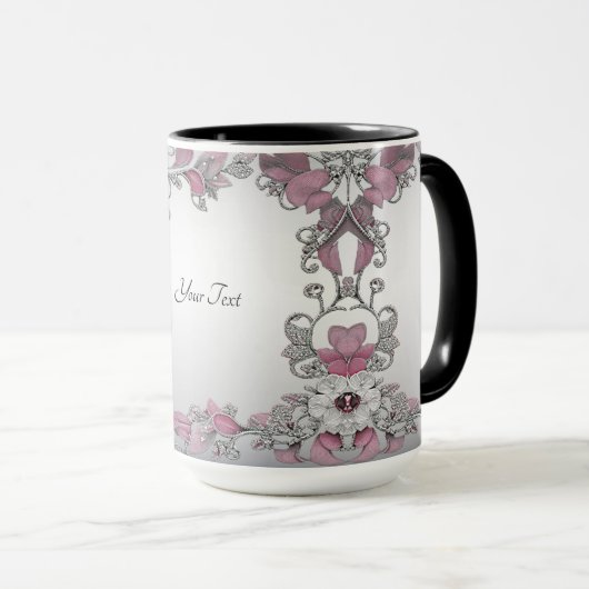 Roze Zilver Witte Bloem Mok (Voorkant rechts)