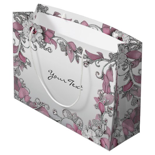 Roze Zilver Witte Bloemige Cadeautas (Achterkant Gekanteld)