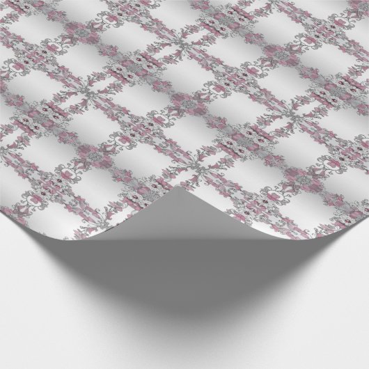 Roze Zilver Witte Bloemige Inpakpapier (Hoek)