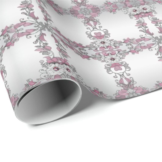 Roze Zilver Witte Bloemige Inpakpapier (Rol Hoek)