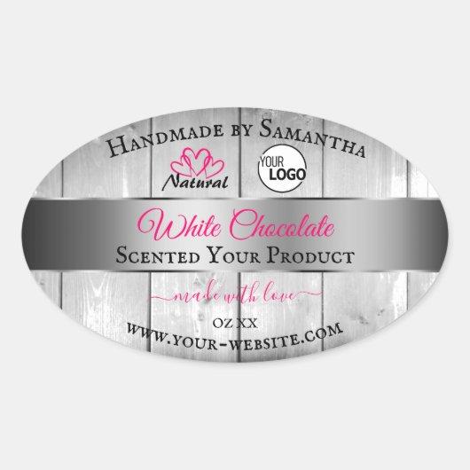 Roze, zilver, witte houtachtige korrels, Logo Ovale Sticker (Voorkant)