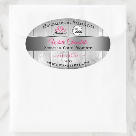 Roze, zilver, witte houtachtige korrels, Logo Ovale Sticker (Tas)