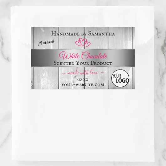 Roze, zilver, witte houtachtige korrels, Logo Rechthoekige Sticker (Tas)