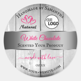 Roze, zilver, witte houtachtige korrels, Logo Ronde Sticker