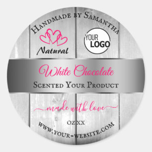 Roze, zilver, witte houtachtige korrels, Logo Ronde Sticker