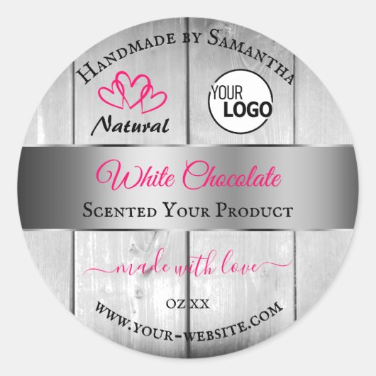 Roze, zilver, witte houtachtige korrels, Logo Ronde Sticker (Voorkant)