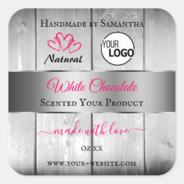 Roze, zilver, witte houtachtige korrels, Logo Vierkante Sticker