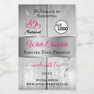Roze, zilver, witte houtachtige korrels, Logo Voedselcontainer Etiket