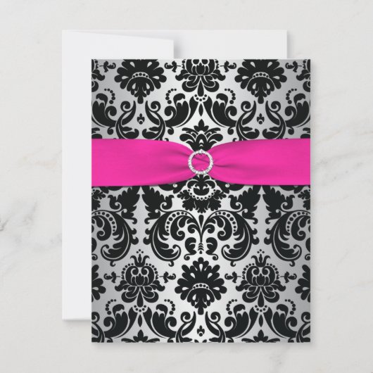 Roze, zilver, zwarte Damask Bat Mitzvah Reply Card RSVP Kaartje (Voorkant)