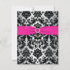 Roze, zilver, zwarte Damask Bat Mitzvah Reply Card RSVP Kaartje