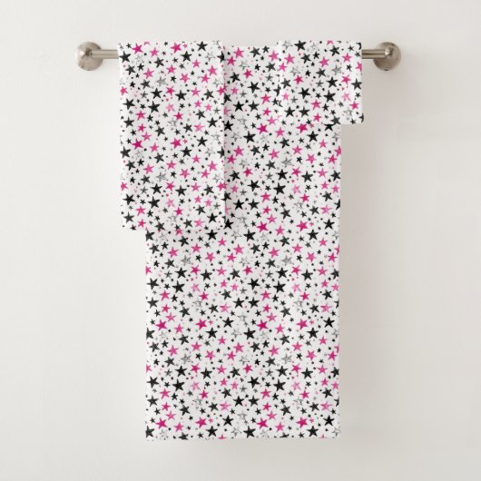 Roze Zilver Zwarte Sterren Bad Handdoek (Insitu)