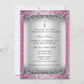 Roze zilver zwirl & Cross Baptism/Christening Kaart (Voorkant)
