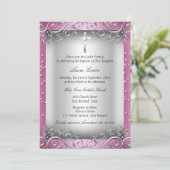 Roze zilver zwirl & Cross Baptism/Christening Kaart (Staand voorkant)