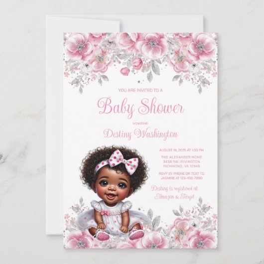 Roze Zilveren Afro Meisje Baby shower Kaart (Voorkant)