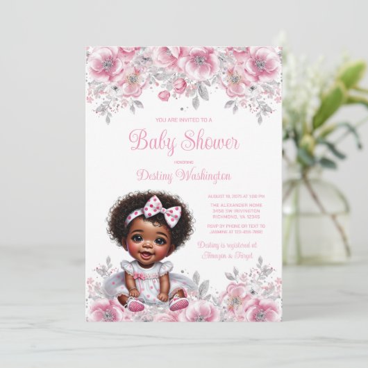 Roze Zilveren Afro Meisje Baby shower Kaart (Staand voorkant)