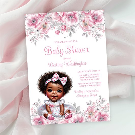 Roze Zilveren Afro Meisje Baby shower Kaart