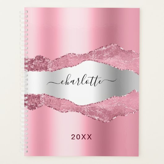 Roze zilveren agaat marmeren naam 2025 planner (Voorkant)