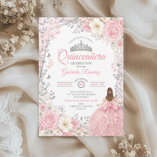 Roze Zilveren Aquarelrozen Quinceañera Kaart