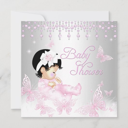 Roze zilveren Baby shower voor botervlinder Kaart (Voorkant)