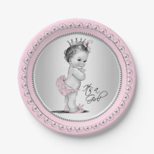Roze Zilveren Baby Shower voor een Prinsesje Papieren Bordje
