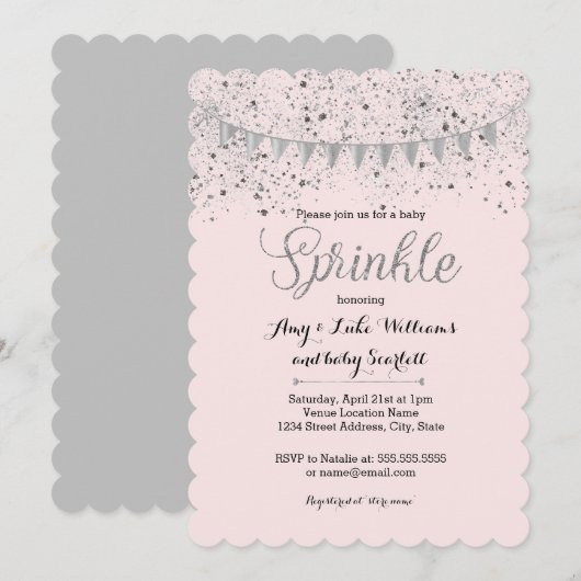 Roze Zilveren Baby Sprinkle Girl Douche Uitnodigin Kaart (Voorkant / Achterkant)