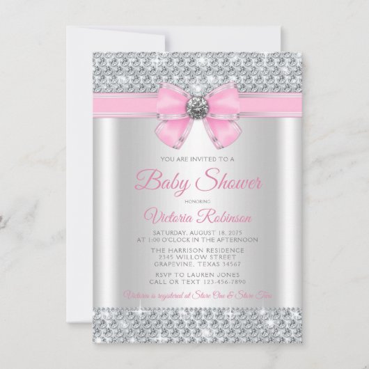 Roze Zilveren Bling Glam Baby Meisje Douche Kaart (Voorkant)