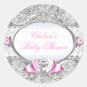 Roze & Zilveren Bloem Boog Baby Shower Sticker
