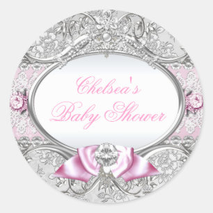 Roze & Zilveren Bloemen Bow Baby shower Sticker