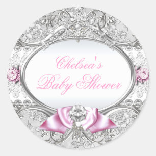 Roze & Zilveren Bloemen Bow Baby shower Sticker