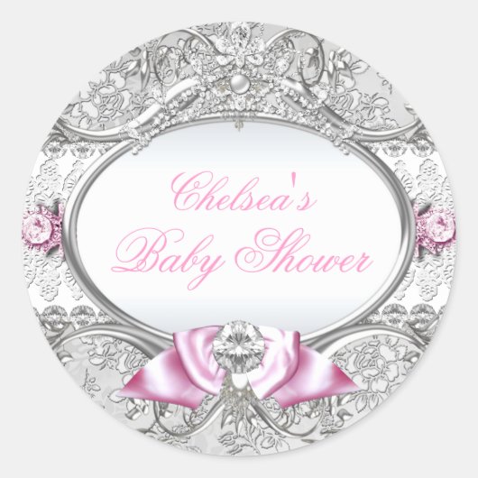 Roze & Zilveren Bloemen Bow Baby shower Sticker (Voorkant)