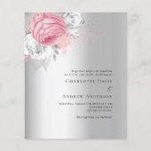 Roze zilveren bloemen budget bruiloft uitnodiging (Voorkant)