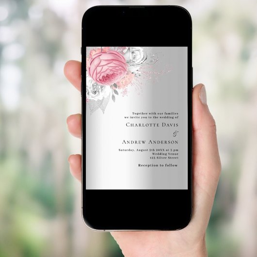 Roze zilveren bloemen elegante bruiloft kaart