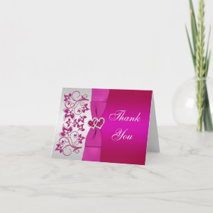 Roze, Zilveren Bloemen, Hartjes Trouw Trouwkaart B Bedankkaart
