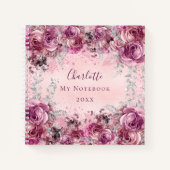 Roze zilveren bloemen naam script elegant notitieboek (Voorkant)