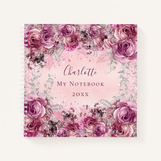 Roze zilveren bloemen naam script elegant notitieboek (Voorkant)