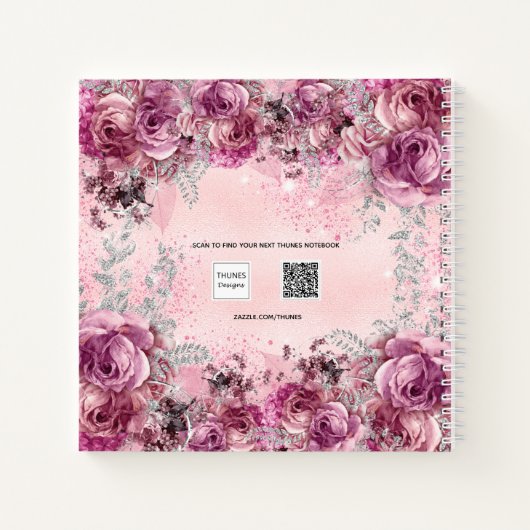 Roze zilveren bloemen naam script elegant notitieboek (Achterkant)