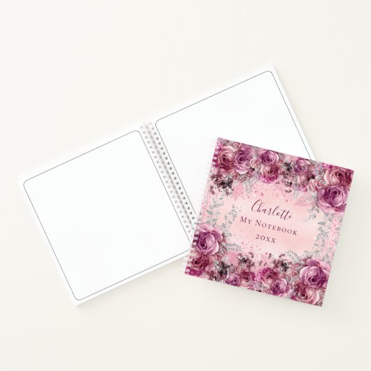 Roze zilveren bloemen naam script elegant notitieboek (Binnen)