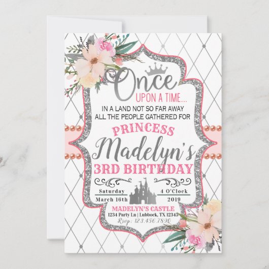 Roze Zilveren Bloemen Prinses Verjaardag Uitnodigi Kaart (Voorkant)