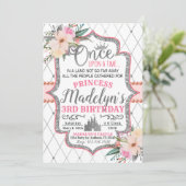 Roze Zilveren Bloemen Prinses Verjaardag Uitnodigi Kaart (Staand voorkant)