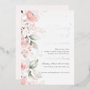 Roze Zilveren Bloemen Vlinder Memorial Service Folie Uitnodiging