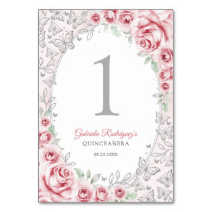 Roze Zilveren Bloemige Quinceanera Kaart