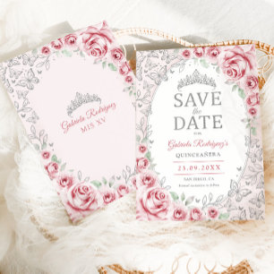 Roze Zilveren Bloemige Quinceanera Save The Date