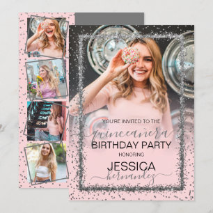 Roze Zilveren Confetti Border Foto Quinceañera Kaart