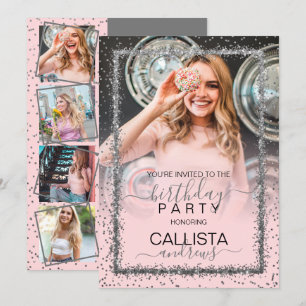 Roze Zilveren Confetti Border Foto Verjaardag Kaart