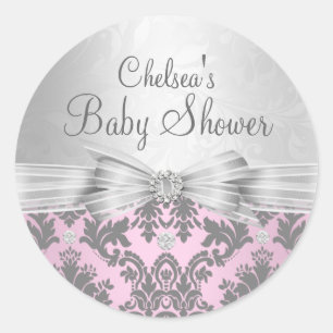 Roze & Zilveren Damask Baby shower Sticker