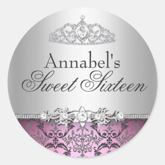  Roze & Zilveren Damask Sweet 16 Sticker (Voorkant)