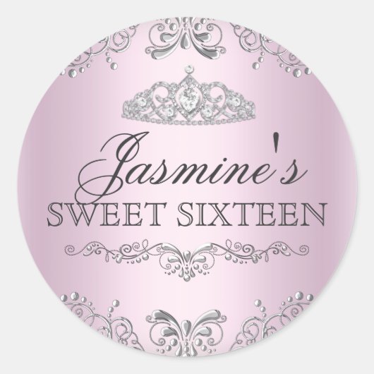 Roze Zilveren Damask Tiara Sweet 16 Sticker (Voorkant)